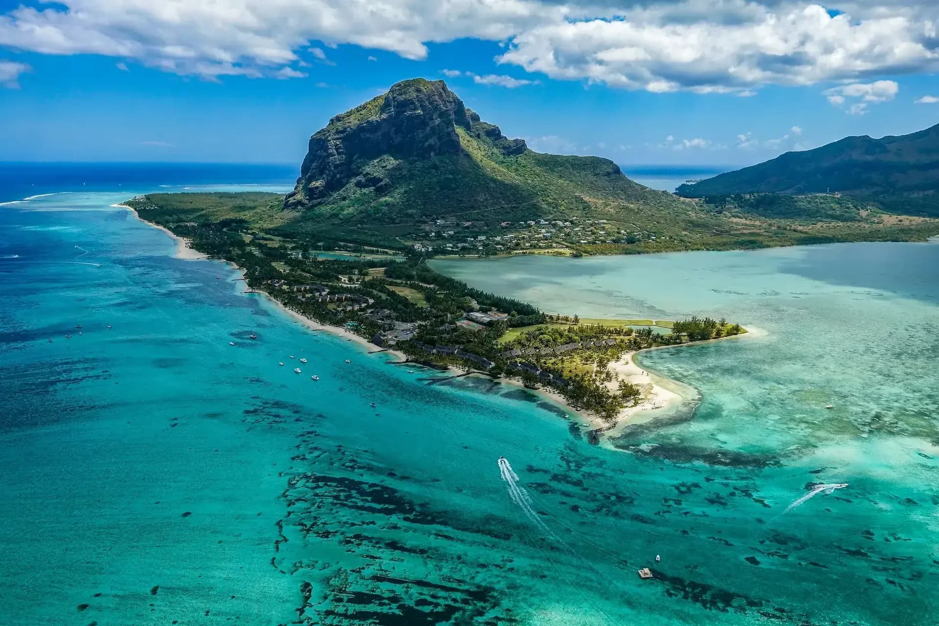Aerial view of Le Morne Brabant peninsula and turquoise lagoon, Mauritius